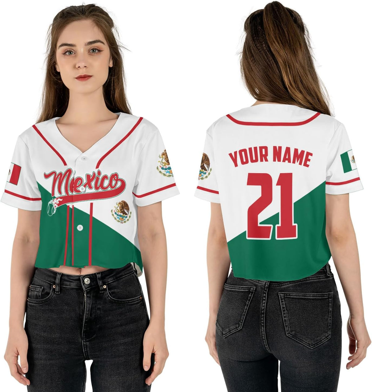 Mostprints Personalized Name Number Mexico Baseball Jersey Croptop Shirt, Mexican Shirts for Women, Mexico Shirts for Women