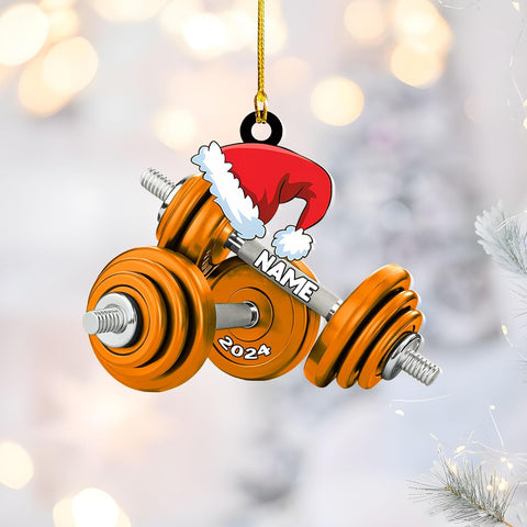 Personalized Dumbbell Ornament, Exercise Equipment Gym Christmas Ornament, Merry Fitness Gym Workout Trainer Coach Instructor, Barbell Weight Plates Weightlifter Gym Chair & Barbell (DBT1)
