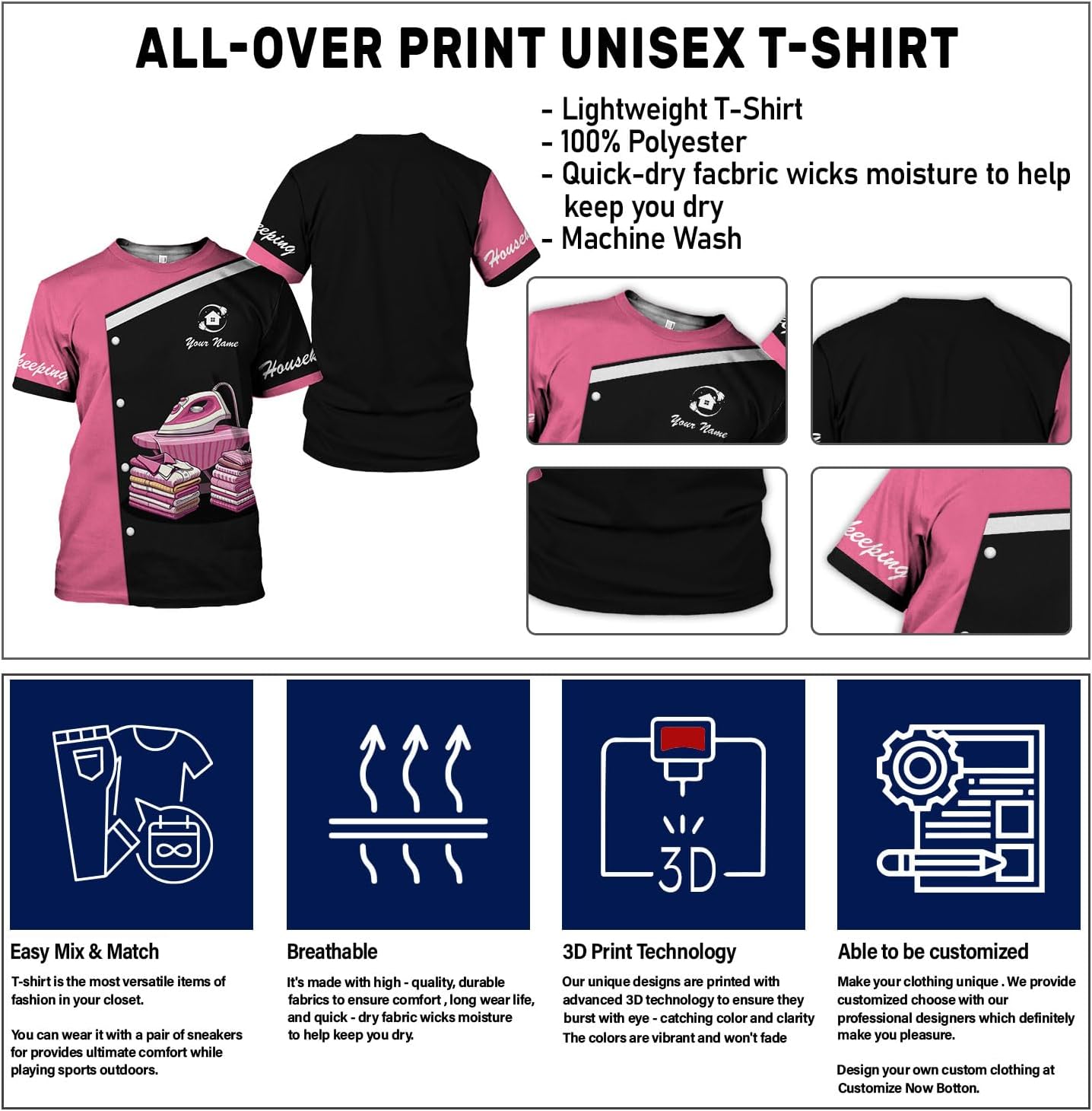 Personalized Housekeeping Shirts, Custom Cleaning Uniforms for Women 3D Cleaning Service Gifts Housekeeper Shirt Clean Lady
