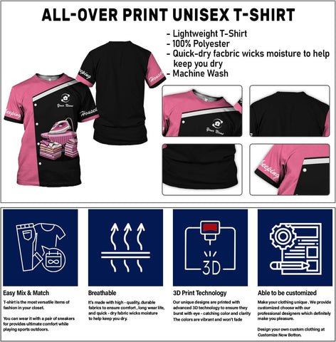 Personalized Housekeeping Shirts, Custom Cleaning Uniforms for Women 3D Cleaning Service Gifts Housekeeper Shirt Clean Lady
