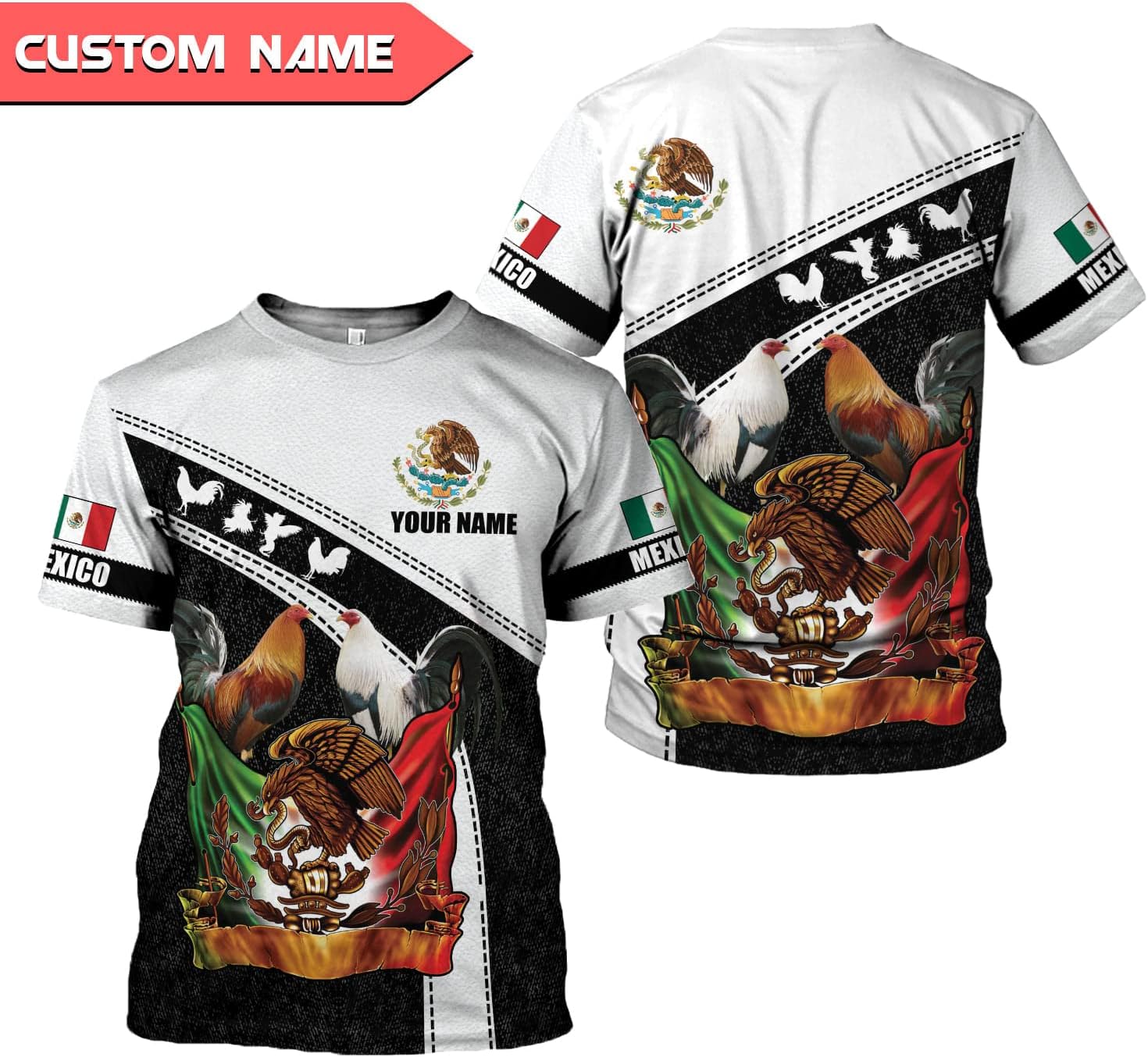 Personalized Name Mexican Shirts for Men 3D, Rooster Mexico Shirts for Men, Mexico Shirt Eagle Flag Mexican Eagle (US, Alpha, Small, 5X-Large, Regular, Regular, Multi 11)