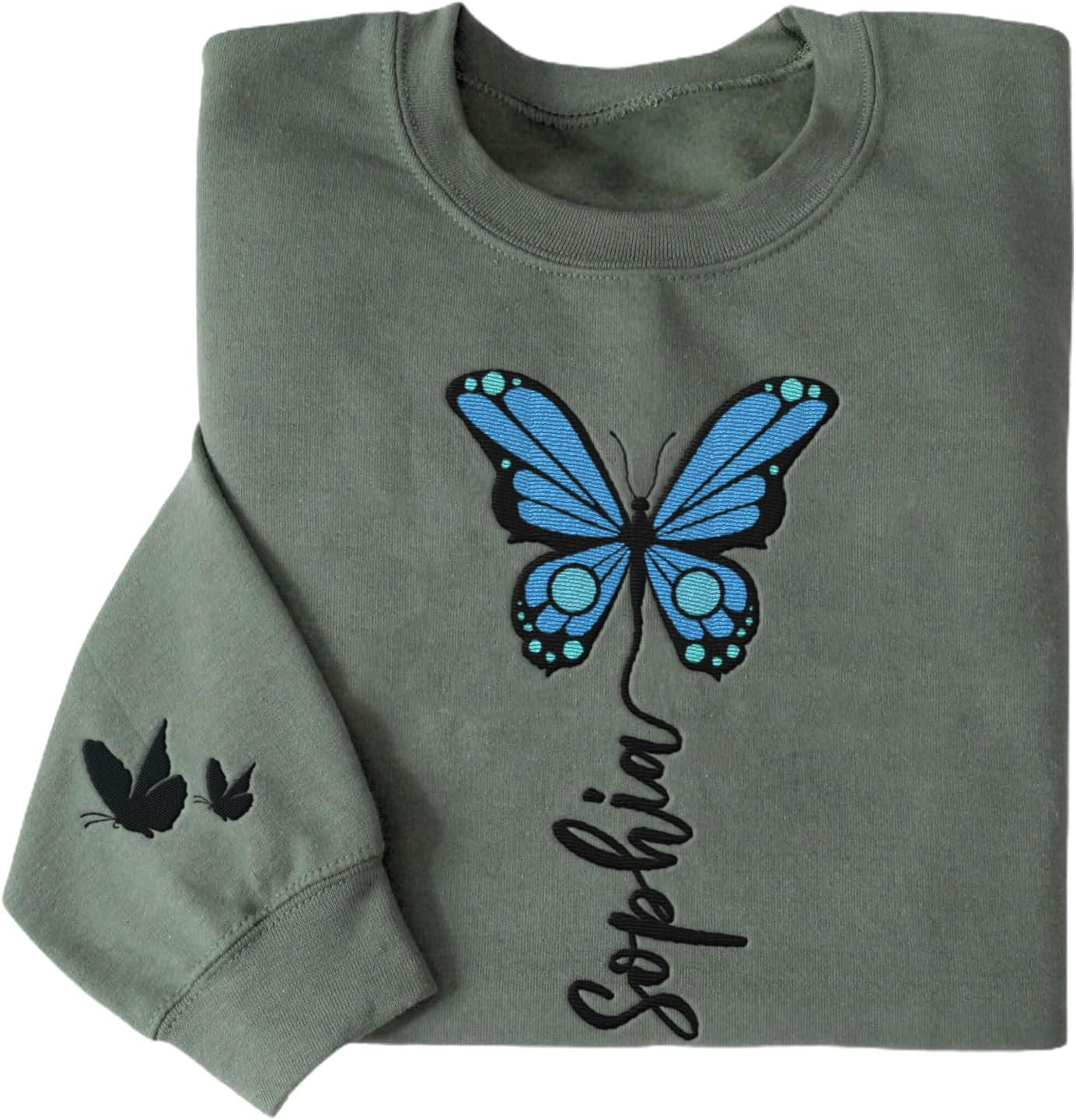 Podagree Personalized Butterfly Embroidered Sweatshirt, Custom Pink Butterfly Hoodie Name FLower Graphic