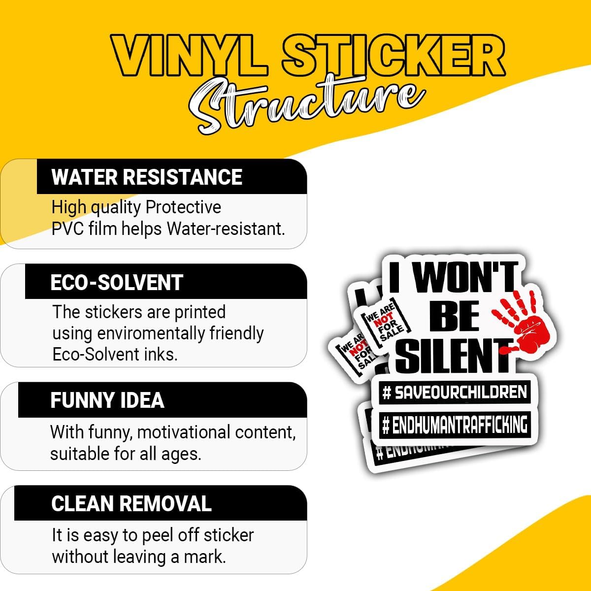 3 Pcs I Won't Be Silent Save Our Children End Human Trafficking Sticker, Human Trafficking Awareness Stop Hand Decal Sticker Wall Laptop Decals for Water Bottle Tumbler Phone Case Laptop 3"x3"