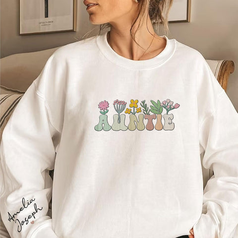 Personalized Embroidered Auntie Sweatshirt & Hoodie, Funtie Auntie Sweatshirt For Women Custom Kids Name On Sleeve (Cotton, AT 10), Small-5X-Large