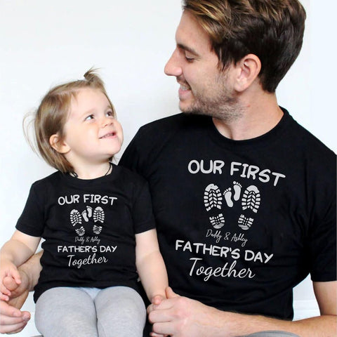 Personalized Dad Shirt Father's Day Matching Tee Set Gift for Dad and Child Daddy Tshirt Baby Onesie Shirt Gifts for Father (1st with Footprints)