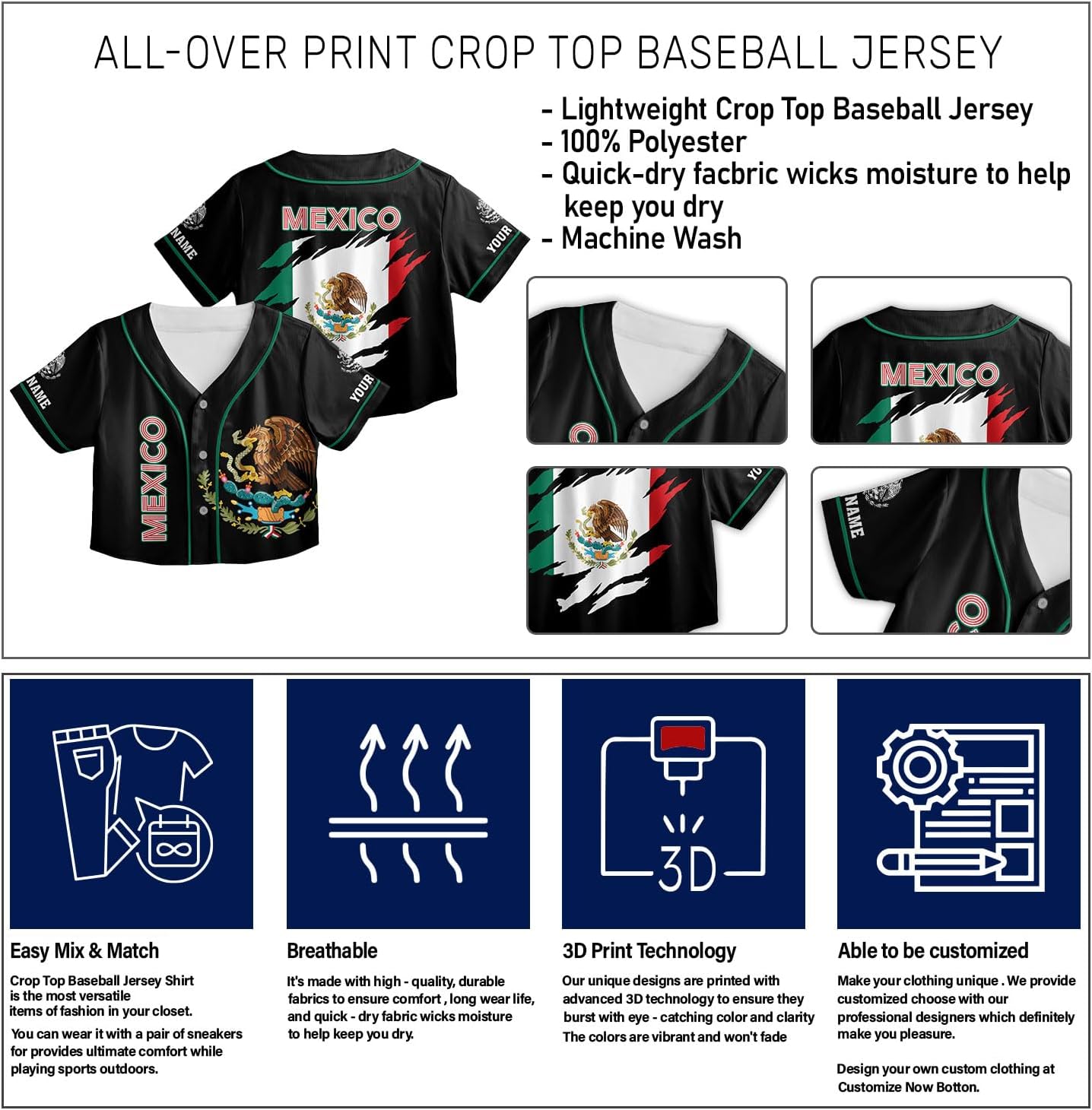 Custom Mexico Flag Crop Top Baseball Jersey Shirt Woman Playeras De Mexico 3D Personalized Mexican Jersey Shirts for Women