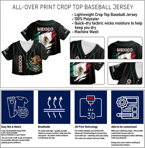 Custom Mexico Flag Crop Top Baseball Jersey Shirt Woman Playeras De Mexico 3D Personalized Mexican Jersey Shirts for Women