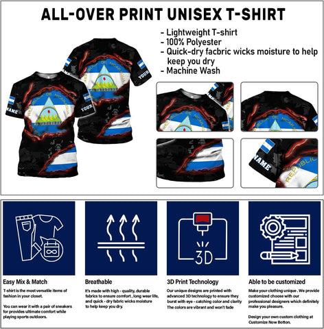 Mostprints Personalized Nicaragua Shirt 3D, Nicaragua Flag Shirts, Nicaraguan Camisas T-Shirt, Unisex Shirts for Men Women