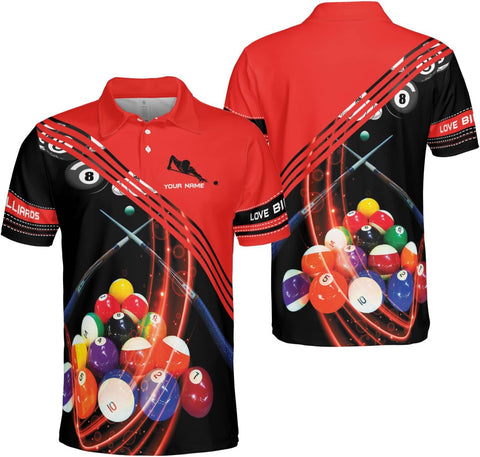 AOVL Personalized Name Billiard Polo Shirt Billiard Shirts Custom Billiard Flag Polo Shirt Men's Pool Billiard Gifts for Dad