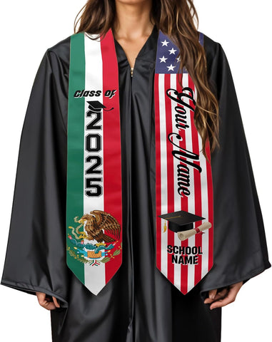 Custom Mexican Graduation Sash, Mexico Graduation Stole Customize Photo, Mexican American Flag Graduation Sash 2025