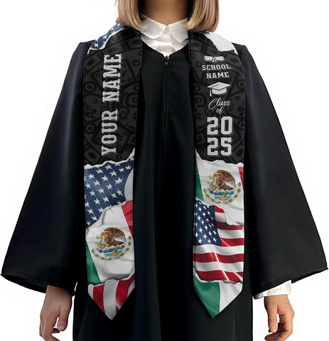 Custom Mexican Graduation Sash, Mexico Graduation Stole Customize Photo, Mexican American Flag Graduation Sash 2025