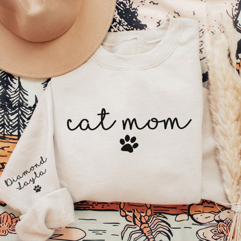 Custom Cat Mom Embroidered Sweatshirt, Personalized Cat Mom Crewneck Sweatshirt for Women, Cat Mama Shirt Gifts (Cotton, SS213)