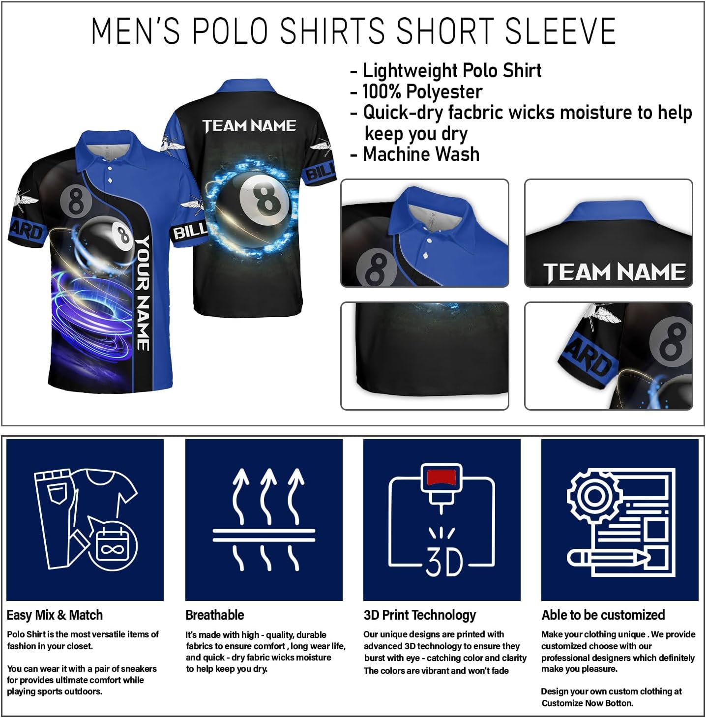 Personalized 8 Ball Polo Shirt, Billiard Shirt Custom Billiard Player 3D Print Shirts for Men Women Teams Pool (Polyester, PL177), Small-5X-Large