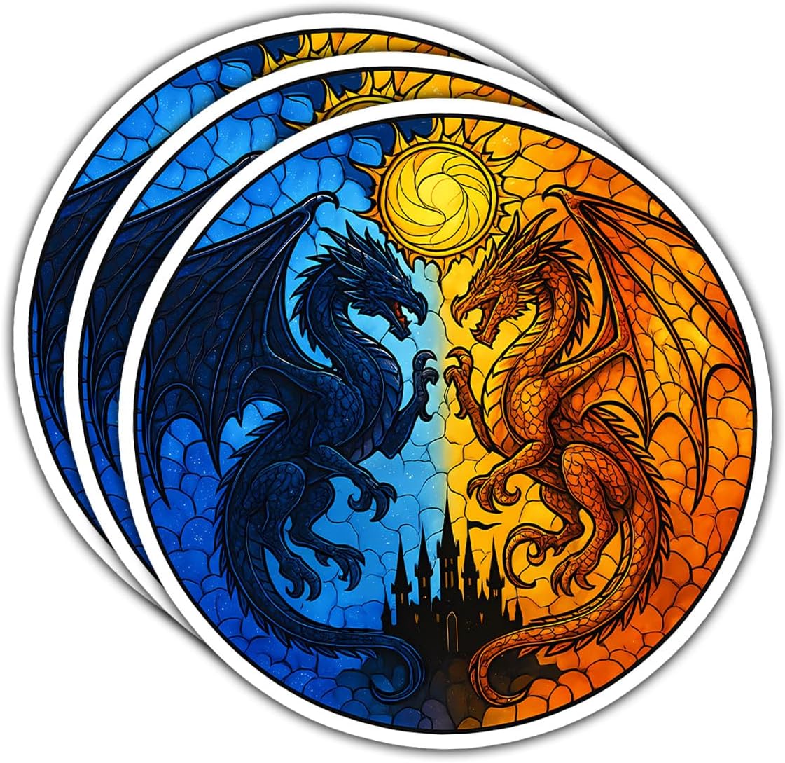 (3PCS) Sun and Moon Dragon Sticker, Fantasy Fire and Ice Dragon Vinyl Decal 3 inches Waterproof for Laptop, Journal, Water Bottle, Car, Scrapbook – Elemental Balance Sticker for Gamers 3 Inch