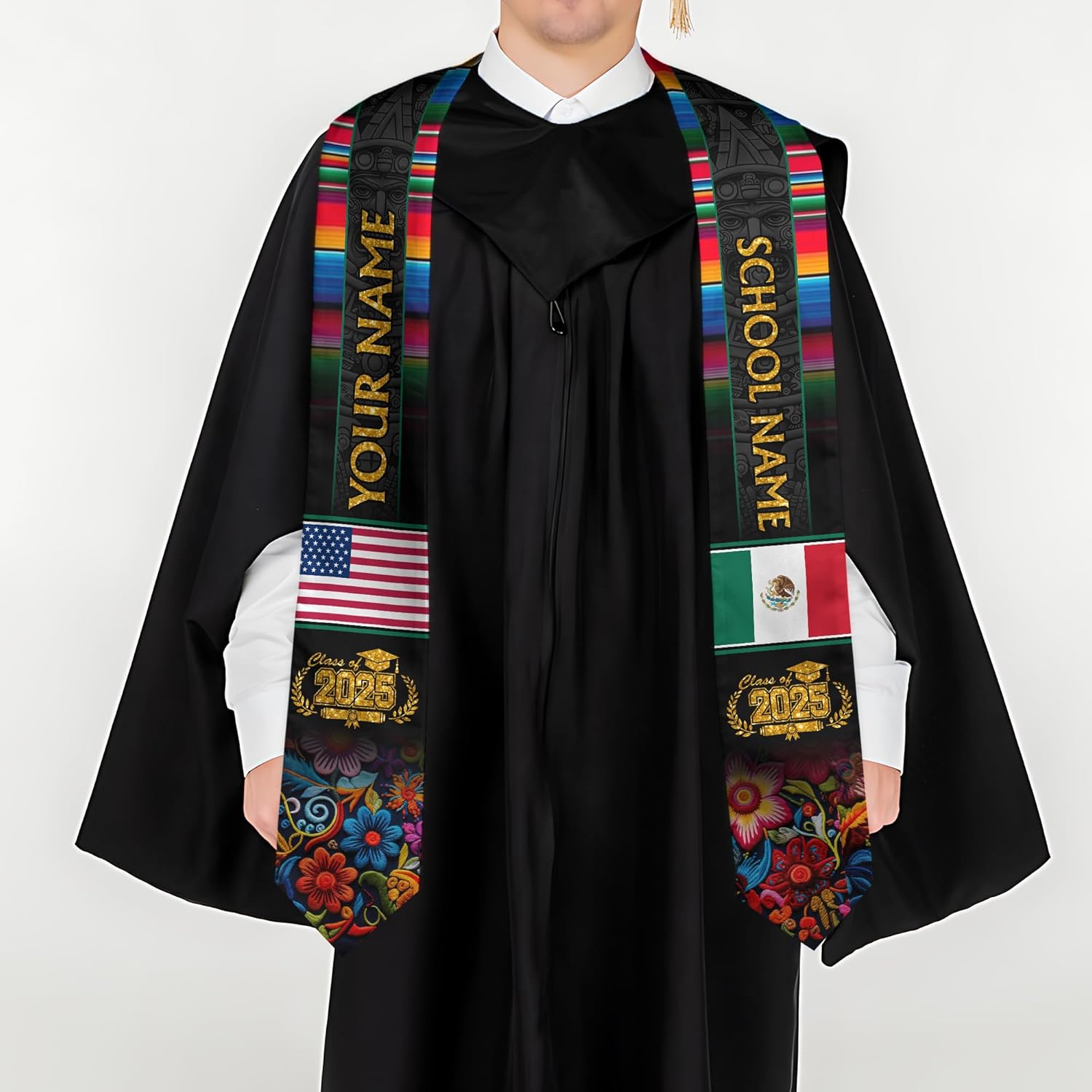 Custom Mexican Graduation Sash, Mexico Graduation Stole Customize Photo, Mexican American Flag Graduation Sash 2025
