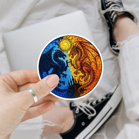 (3PCS) Sun and Moon Dragon Sticker, Fantasy Fire and Ice Dragon Vinyl Decal 3 inches Waterproof for Laptop, Journal, Water Bottle, Car, Scrapbook – Elemental Balance Sticker for Gamers 3 Inch