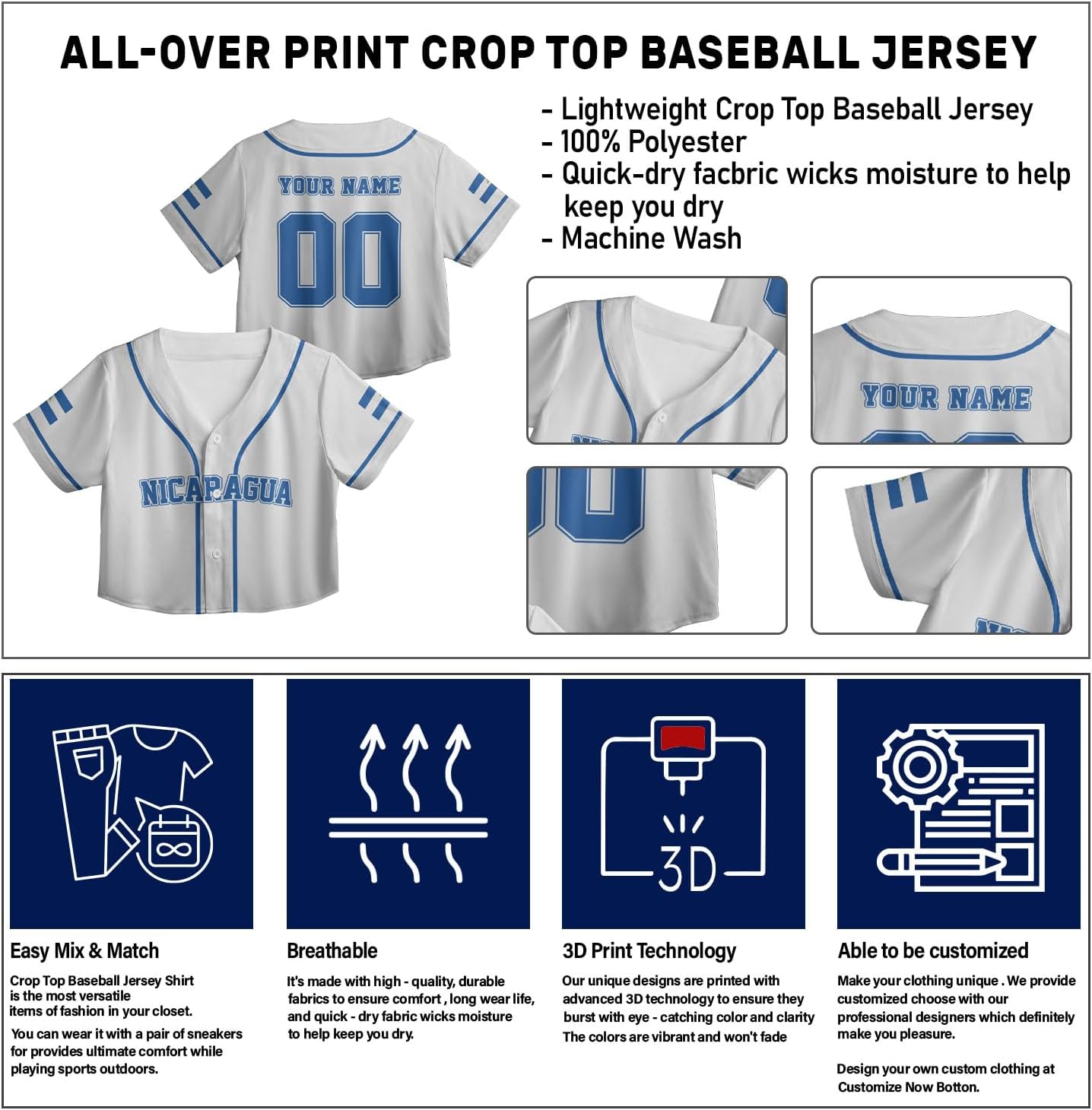Personalized Nicaragua Baseball Croptop Shirt, Nicaraguan Flag Jersey for Women Jersey Pride