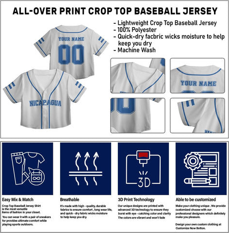 Personalized Nicaragua Baseball Croptop Shirt, Nicaraguan Flag Jersey for Women Jersey Pride