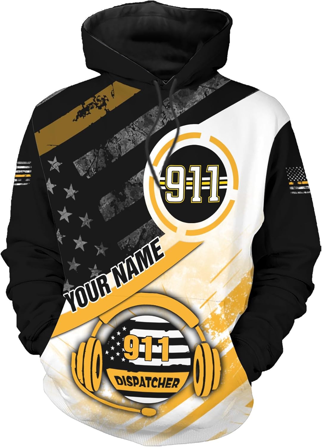 Leeprints Personalized 911 Dispatcher 3D Hoodie, Custom Sweatshirt, Thin Gold Line Flag 3D Zip Shirt
