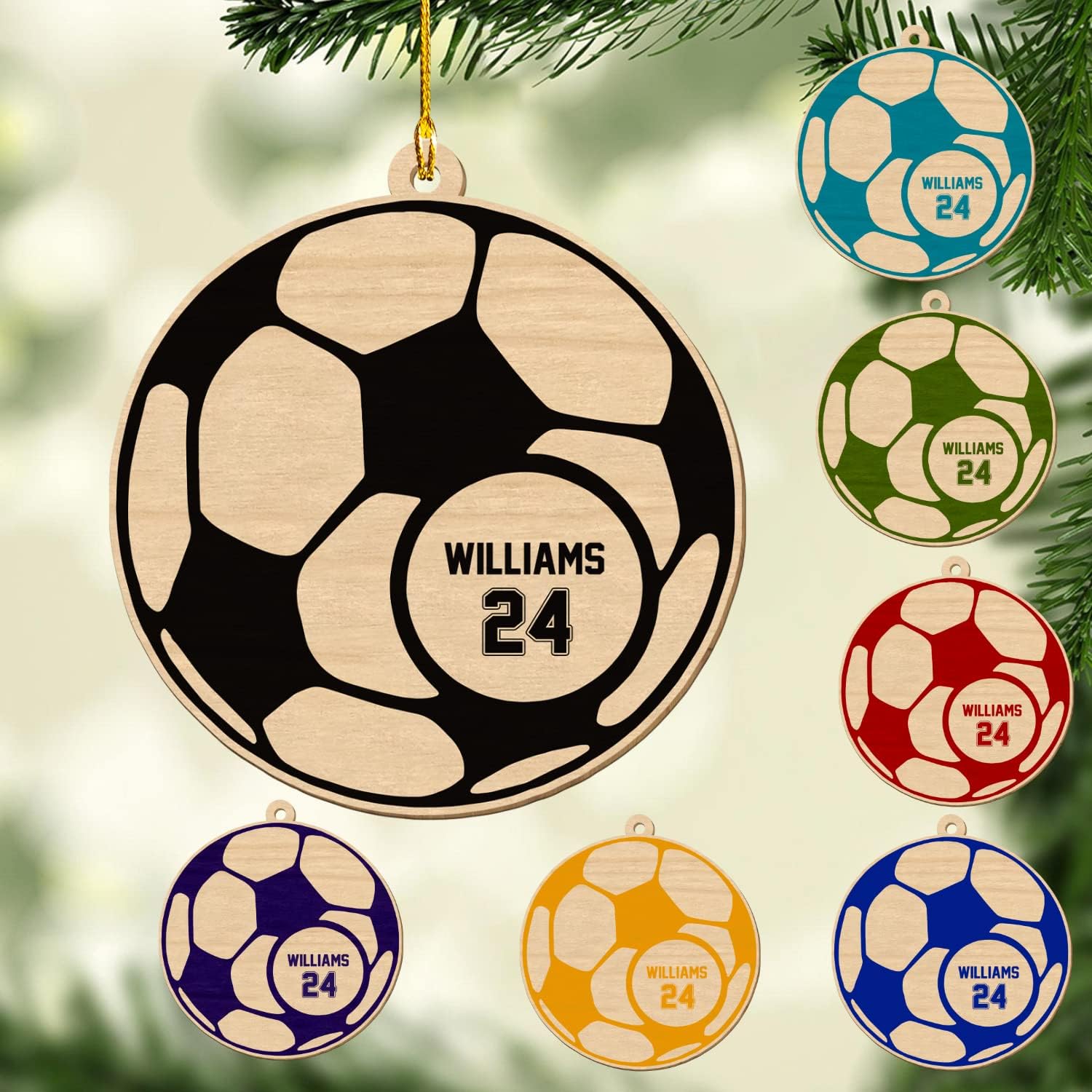 Mostprints Personalized Name and Numer Soccer Christmas Ornament 2023, Custom Soccer Ornaments for Xmas, Soccer Ornament Handmade from Wood Tree Hanging Ornament Pine Tree Decorations for Couple
