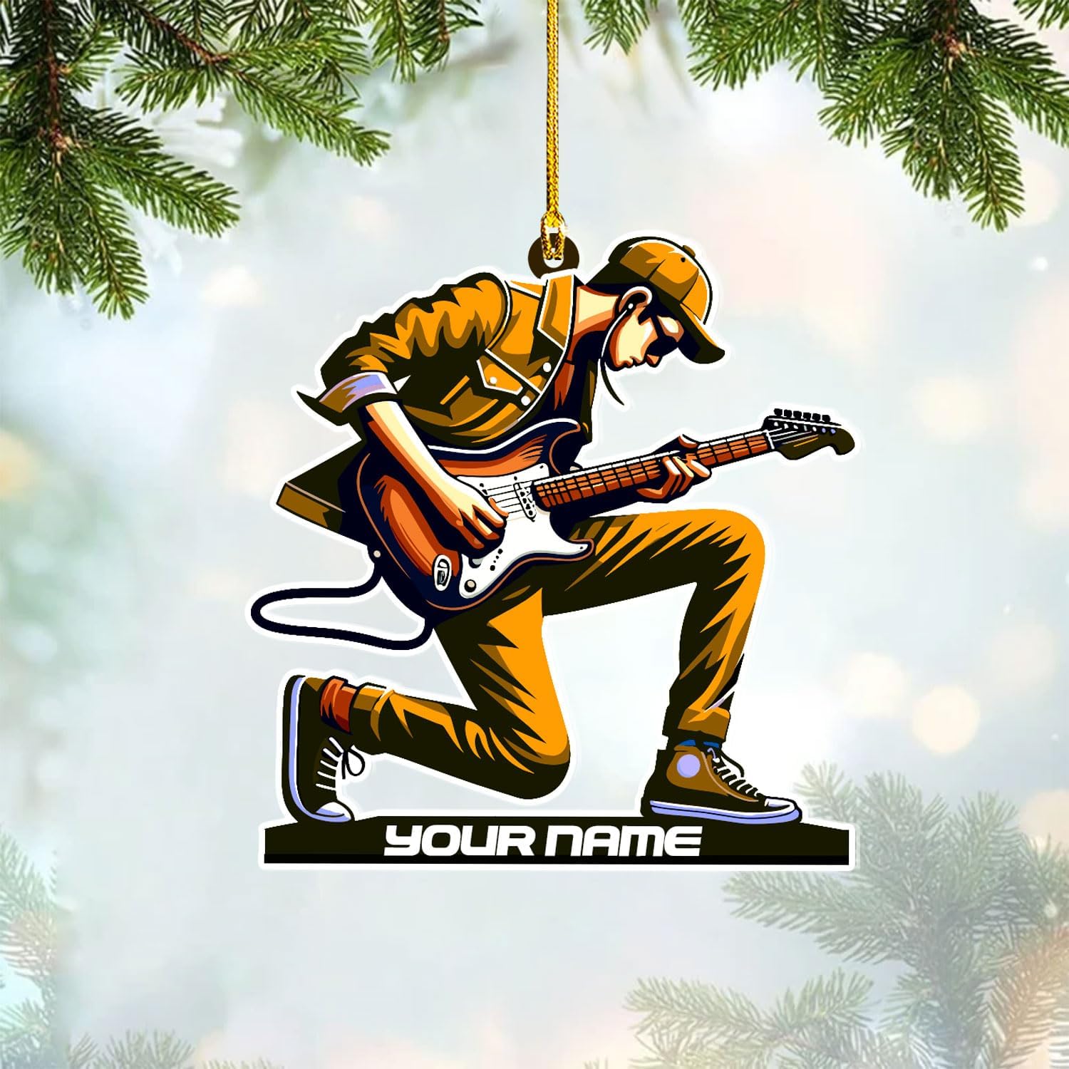 Personalized Acoustic Guitar Ornament - Guitar Christmas Plastic Wooden Ornament, Musical Instrument for Band, Red Electric Guitar Instrument, Custom Name Gift for Guitarist, Songs Music Notes (GT10)