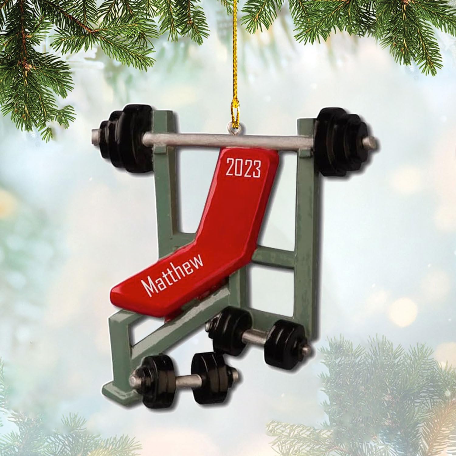 HomeDesign Personalized Dumbbell Ornament, Fitness Gift for Gym Workout Trainer Coach Instructor, Barbell Weight Plates Custom Ornament for Weightlifter, Weightlifting Ornament (D12)