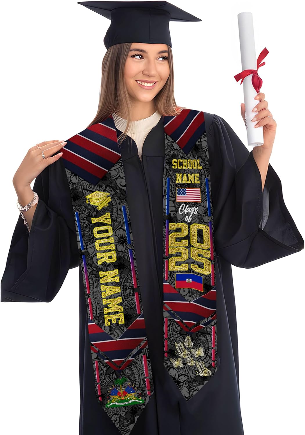 Pretyprints Haitians Graduation Sash, Haiti Graduation Stole Custom, Personalized Haitians American Flag Graduation Sash 2025