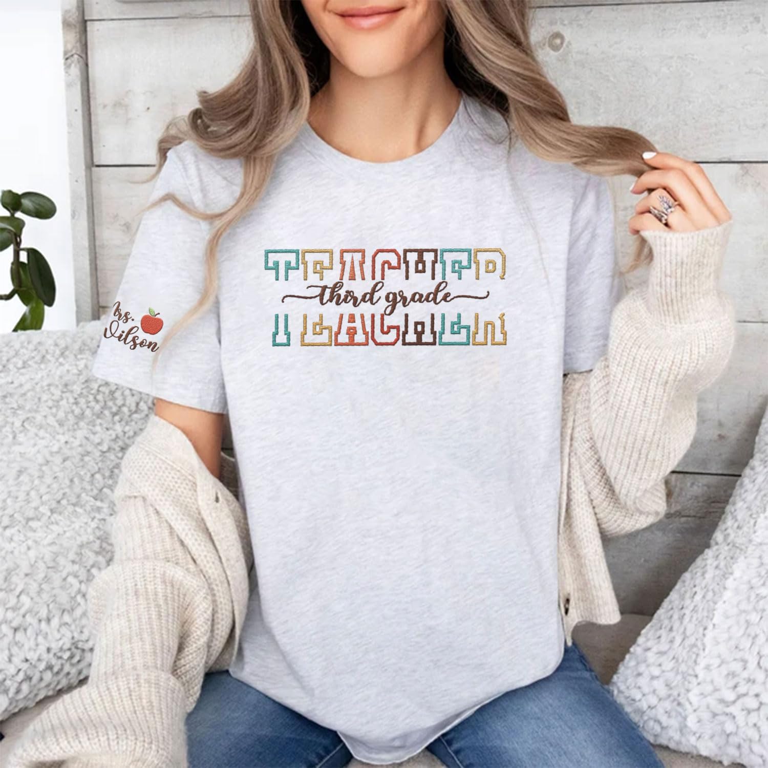 Custom Third Grade Embroidered Teacher T-Shirt Personalized Back to School Tee Teach Love Inspire Rainbow 3rd Grade Shirt