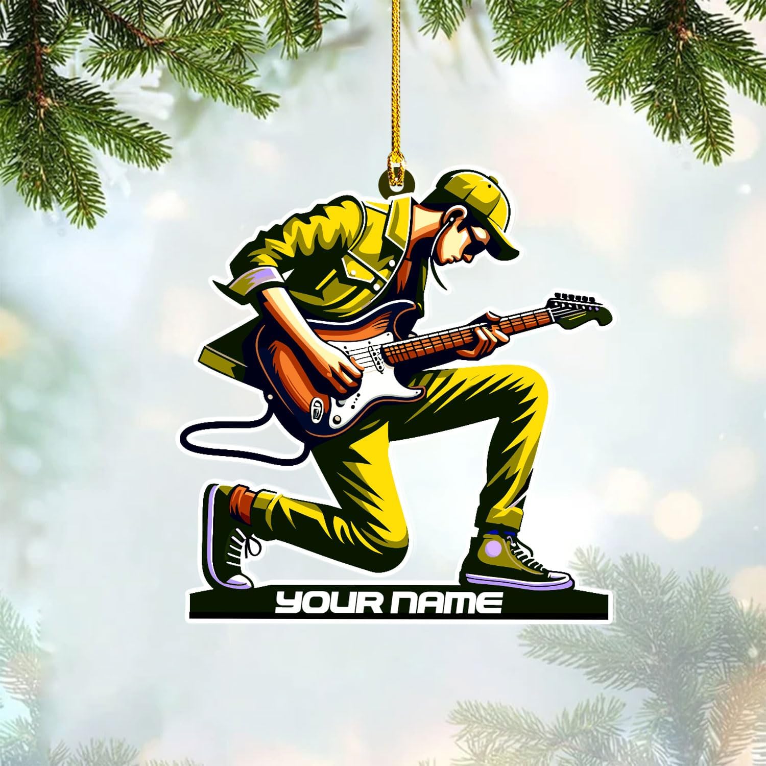 Personalized Acoustic Guitar Ornament - Guitar Christmas Plastic Wooden Ornament, Musical Instrument for Band, Red Electric Guitar Instrument, Custom Name Gift for Guitarist, Songs Music Notes (GT10)