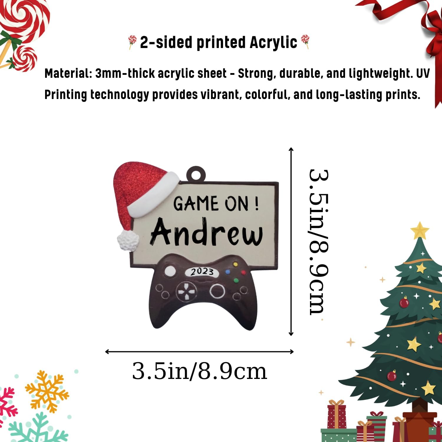 Tinoshop Personalized Name Collection Gaming Controller Acrylic Ornament Christmas Shape Flat Christmas Ornament for Gamer, Video Game Christmas Ornaments Gift for Boys Girls Adult Size 3.5'' (ON35)