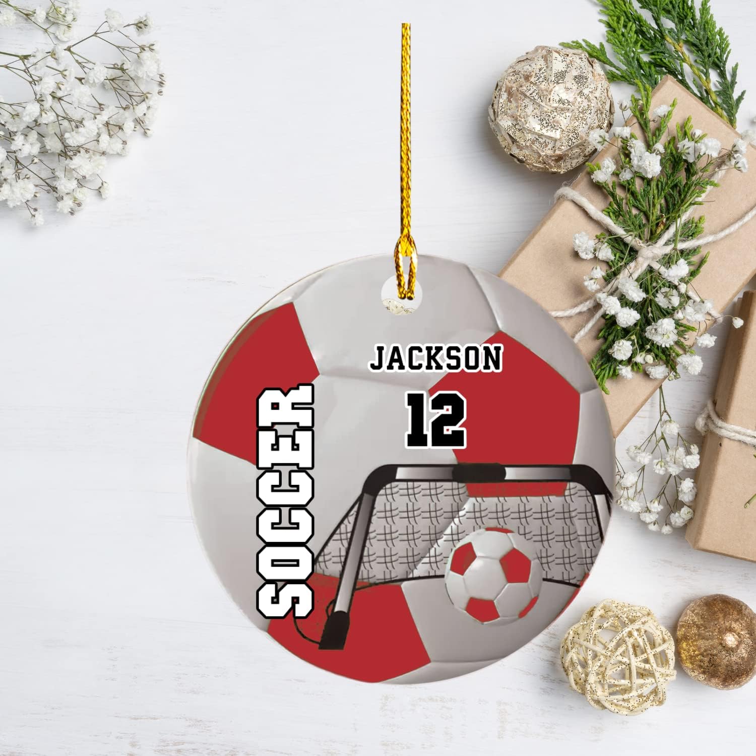 Mostprints Personalized Name and Numer Soccer Christmas Ornament 2023, Custom Soccer Ornaments for Xmas, Soccer Ornament Handmade from Wood Tree Hanging Ornament Pine Tree Decorations for Couple