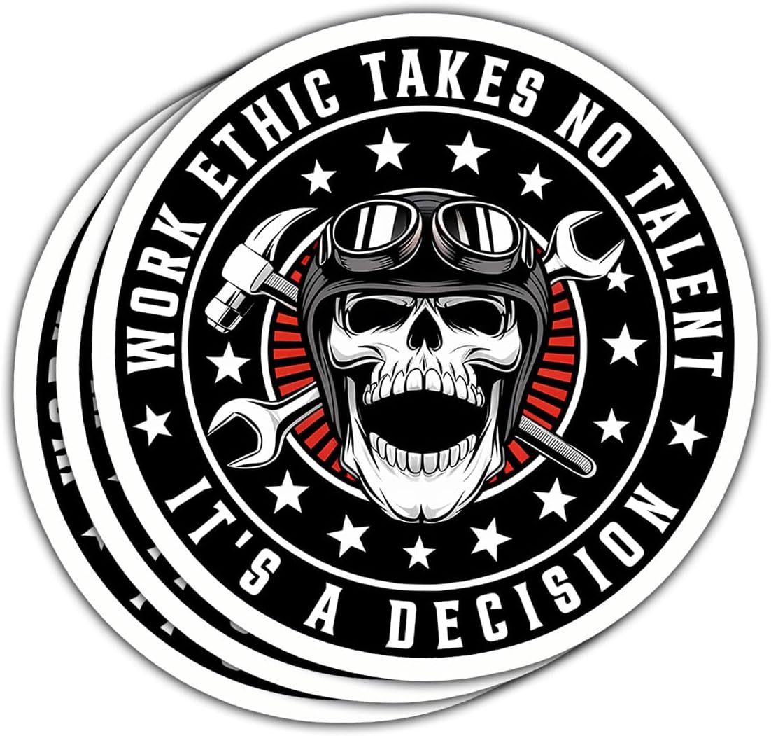3 Pcs Work Ethic Takes No Talent It's A Decision Sticker, Hard Hat Electrician Blue Collar Mechanic Skull Toolbox Stickers - Vinyl Sticker 3 Inches for Water Bottles Laptop Phone Car Window Helmet