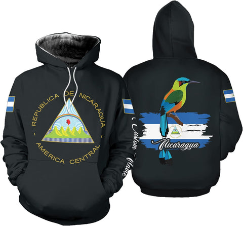 Vybonz Personalized Nicaragua APO Hoodie, Nicaraguan Pride Nicaragua Flag 3D Zip Hoodie Sweatshirt Tshirt Men and Women