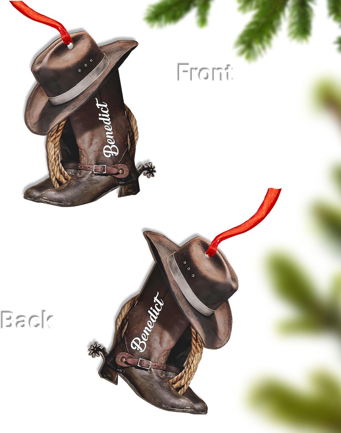 Royalbro Personalized Cowboy Christmas Ornaments, Cowboy Boots and Hat Ornament for Cowboy, Saddle Ornament, Cowboy Cowgirl Horseback Riding Cowboys Ornament Tree Hanging Ornament Gift Xmas (CB N1)