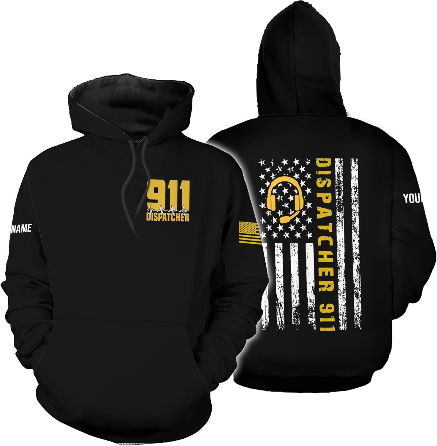 Leeprints Personalized 911 Dispatcher 3D Hoodie, Custom Sweatshirt, Thin Gold Line Flag 3D Zip Shirt