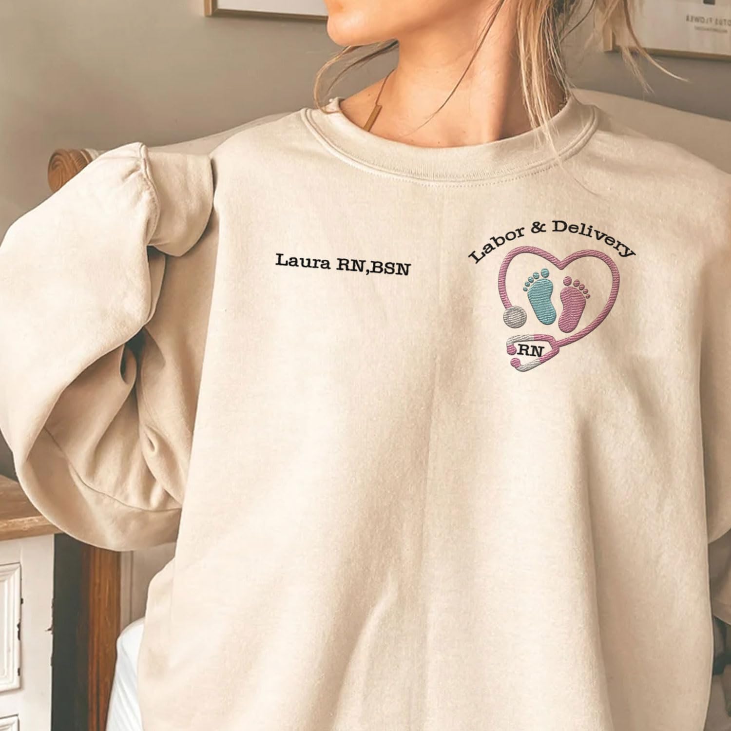 Suseaz Personalized Labor and Delivery Nurse Embroidered Sweatshirt, LD Sweatshirt Hoodie, L&D Sweater for Women