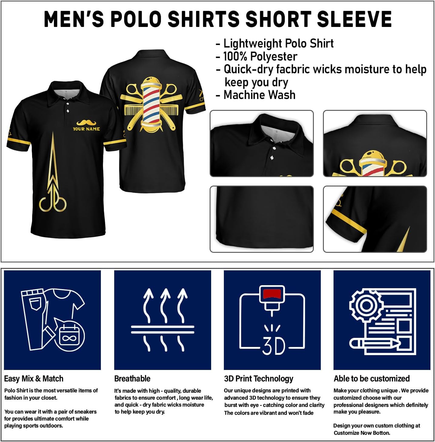 Custom 3D Barber Polo Shirt for Men Women Gift Personalized Hair Stylist Tee Barbershop Apparel Hairdresser Printed Uniform