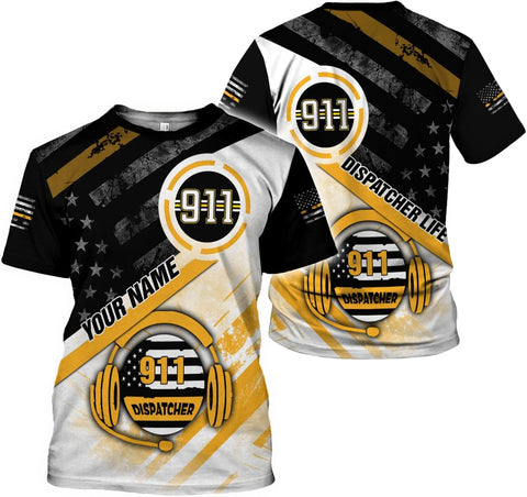 Leeprints Personalized 911 Dispatcher 3D Hoodie, Custom Sweatshirt, Thin Gold Line Flag 3D Zip Shirt