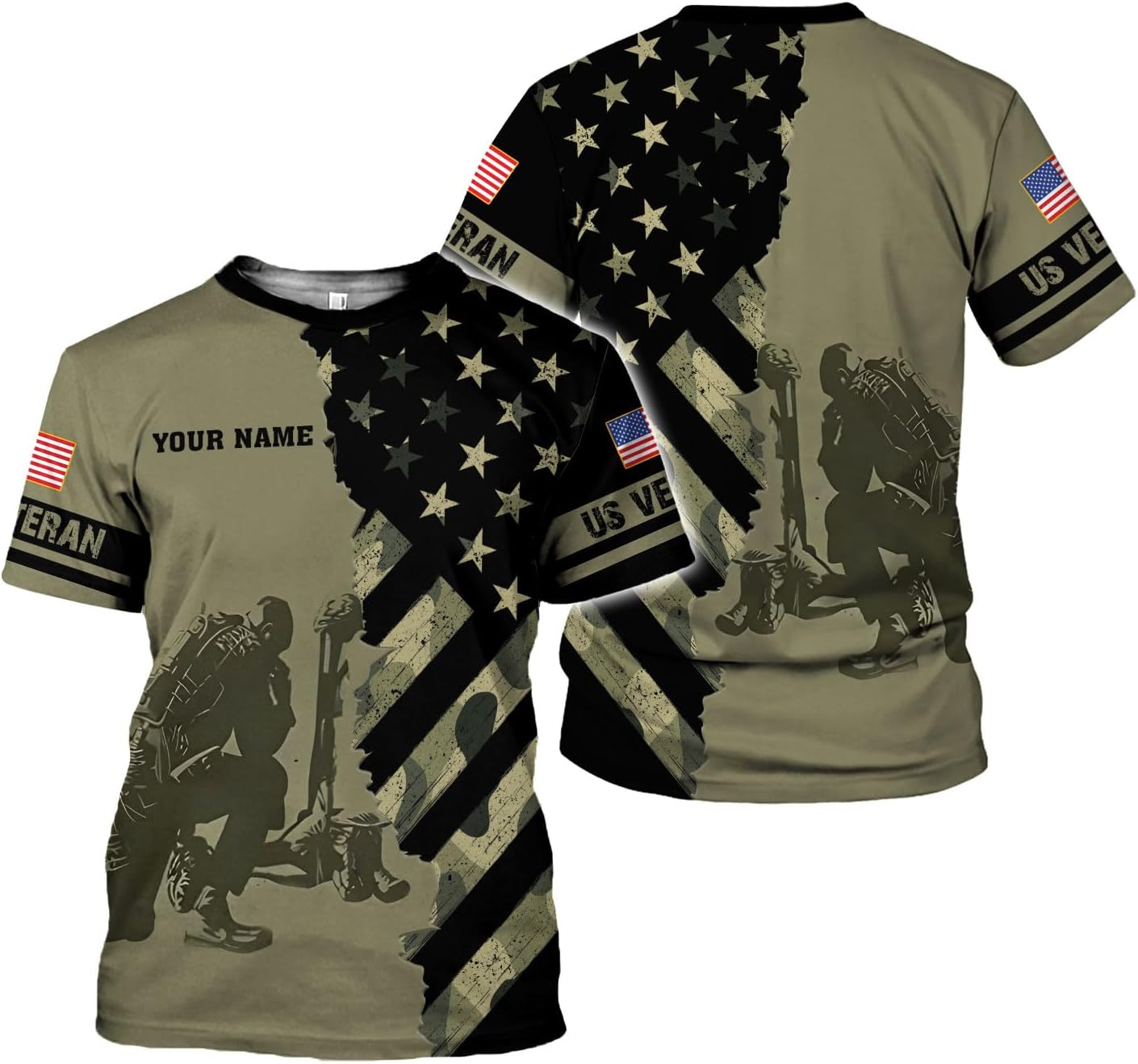 Woseprints Custom Veteran Army T-Shirt US Military Pride American Flag Vintage Personalized Army Shirts for Men Memorial Day