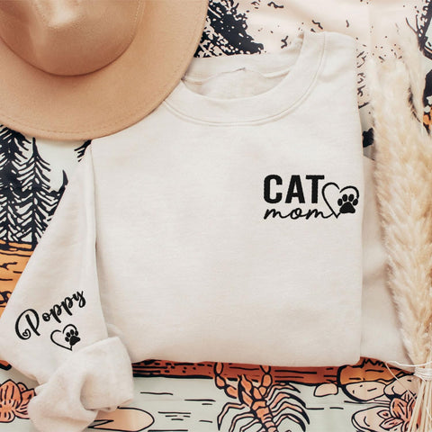 Custom Cat Mom Embroidered Sweatshirt, Personalized Cat Mom Crewneck Sweatshirt for Women, Cat Mama Shirt Gifts (Cotton, SS217)