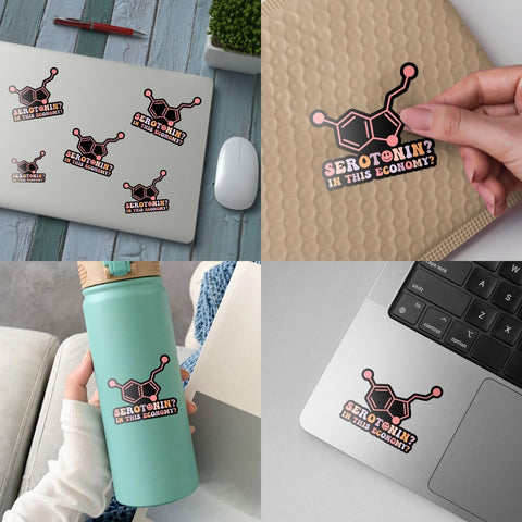 3 Pcs Serotonin in This Economy Sticker, Funny Mental Health Humor Sarcasm Sarcastic Anxiety Serotonin This Economy Vinyl Stickers Waterproof for Laptop Water Bottle Phone Car Helmet Gifts 3"x3"