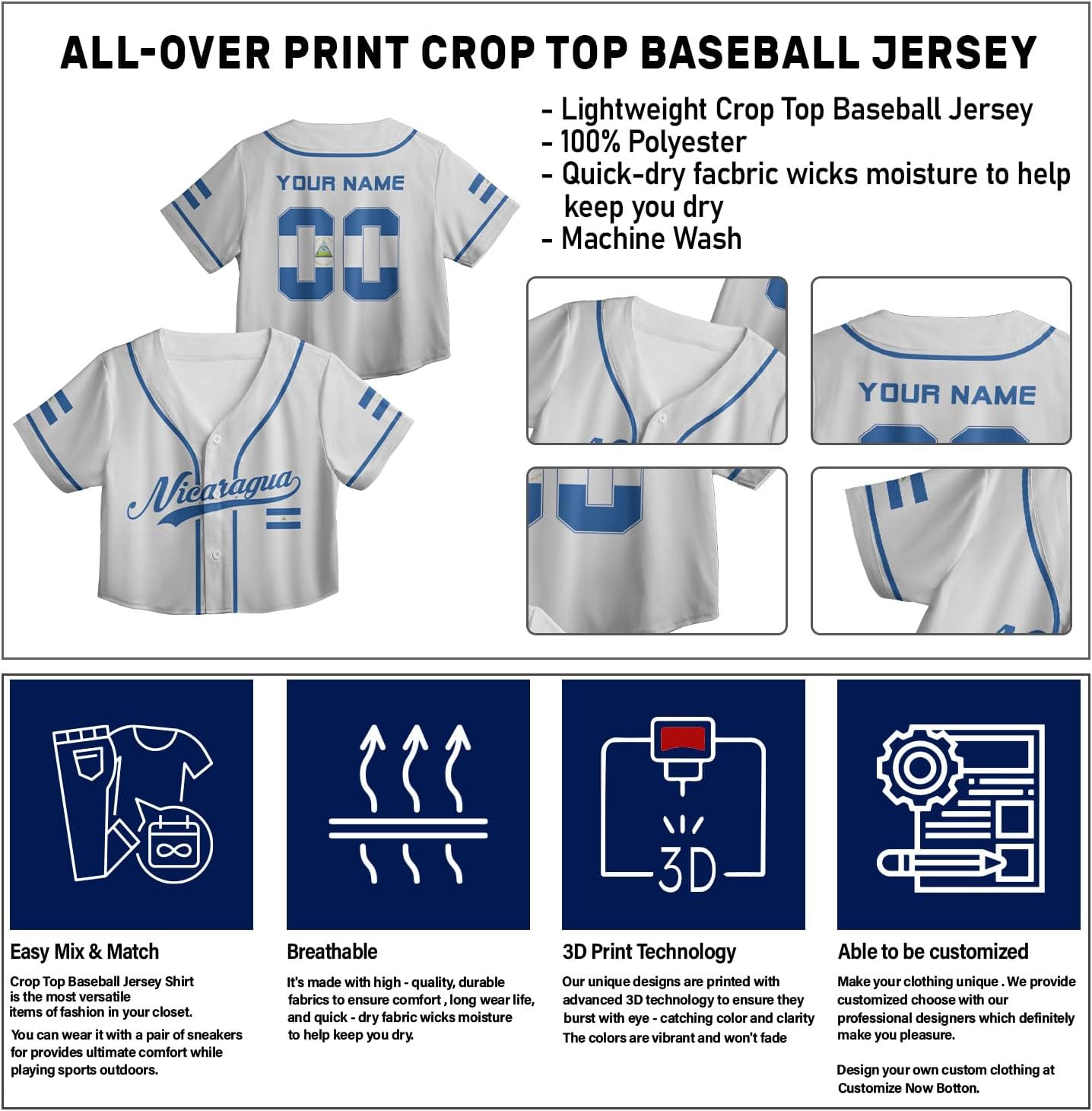 Personalized Nicaragua Baseball Croptop Shirt, Nicaraguan Flag Jersey for Women Jersey Pride