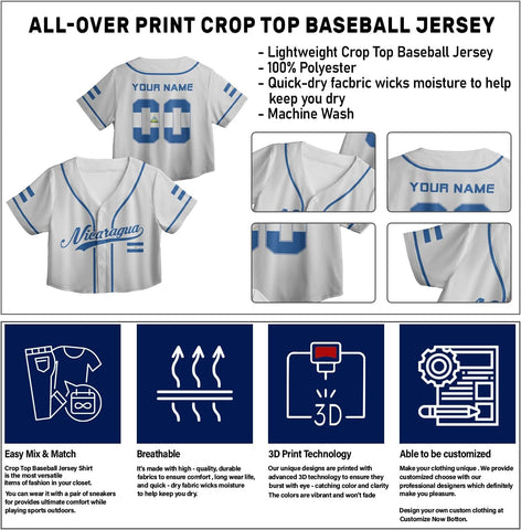 Personalized Nicaragua Baseball Croptop Shirt, Nicaraguan Flag Jersey for Women Jersey Pride