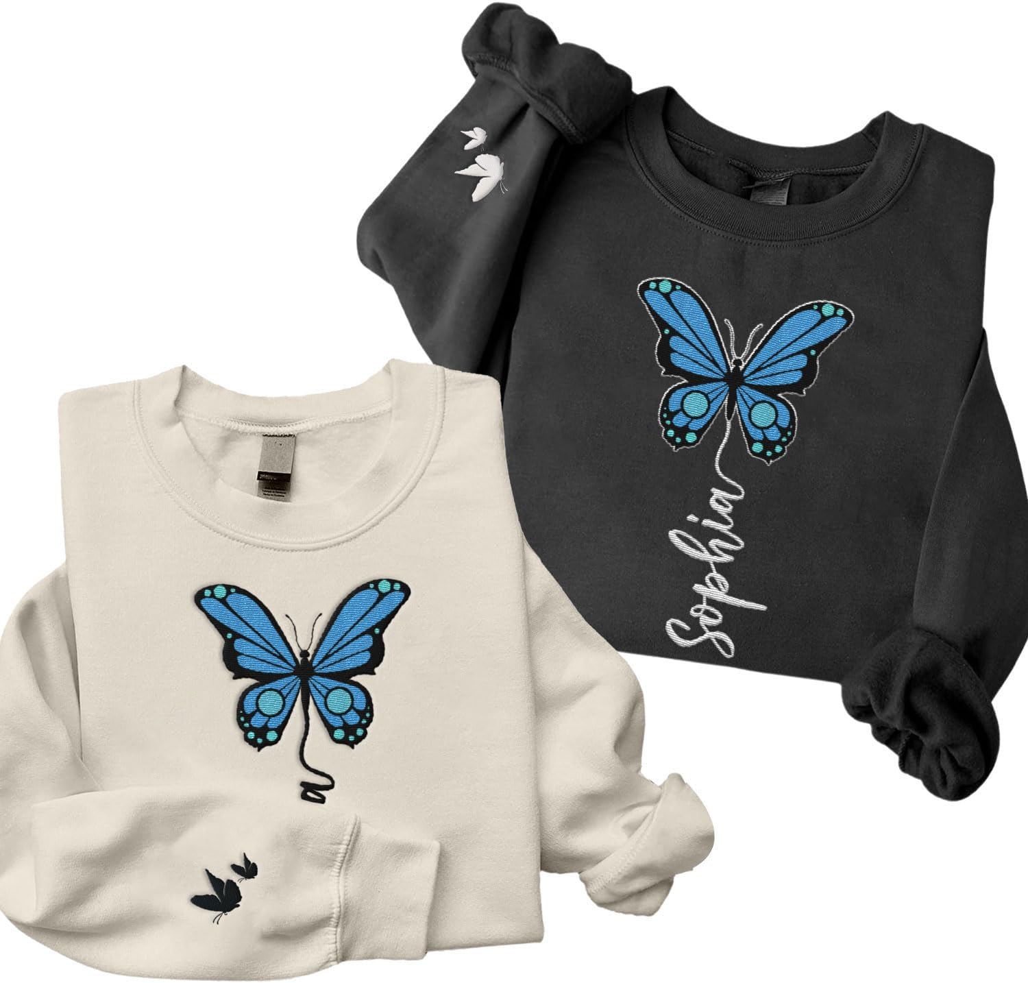 Podagree Personalized Butterfly Embroidered Sweatshirt, Custom Pink Butterfly Hoodie Name FLower Graphic