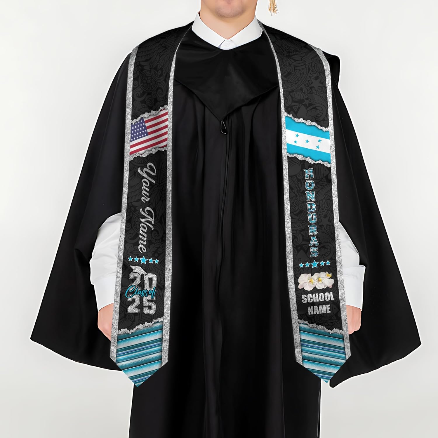 Pretyprints Honduran Graduation Sash, Custom Honduran American Flag Graduation Sash 2025, Honduras Graduation Stole