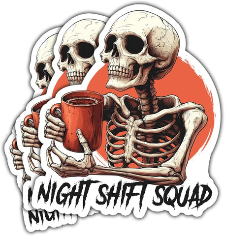 Night Shift Squad Sticker, Skeleton RN Nurse Coffee Stickers, 3 inches Waterproof Vinyl Sticker for Book Laptop Water Bottle Phone Case