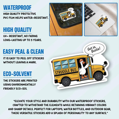 3PCS Struggle Bus 3" Sticker Gifts, Funny Get in Bestie Struggle Bus Quote Vinyl Decal Waterproof for Laptop, Water Bottle, Journal, Tumbler, Hard Hat, Gift for Coworkers