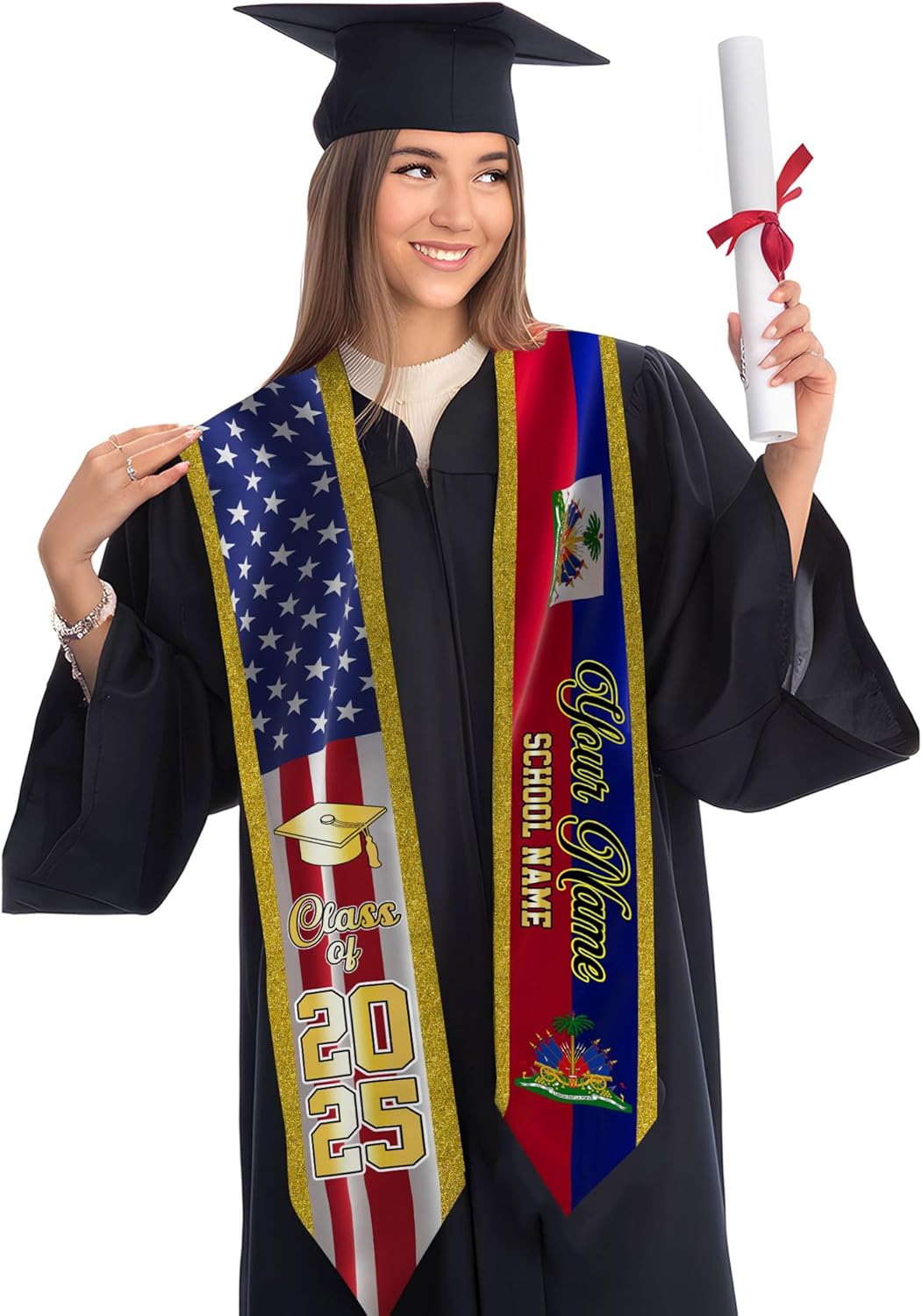 Pretyprints Haitians Graduation Sash, Haiti Graduation Stole Custom, Personalized Haitians American Flag Graduation Sash 2025