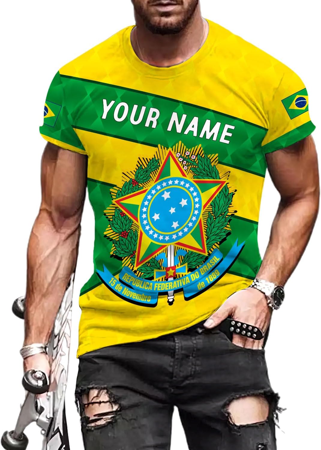 Mostprints Personalized Name Brazil Shirt 3D, Brasil Shirt Flag Custom Name Brazilian Shirt for Men and Women Unisex S-5XL