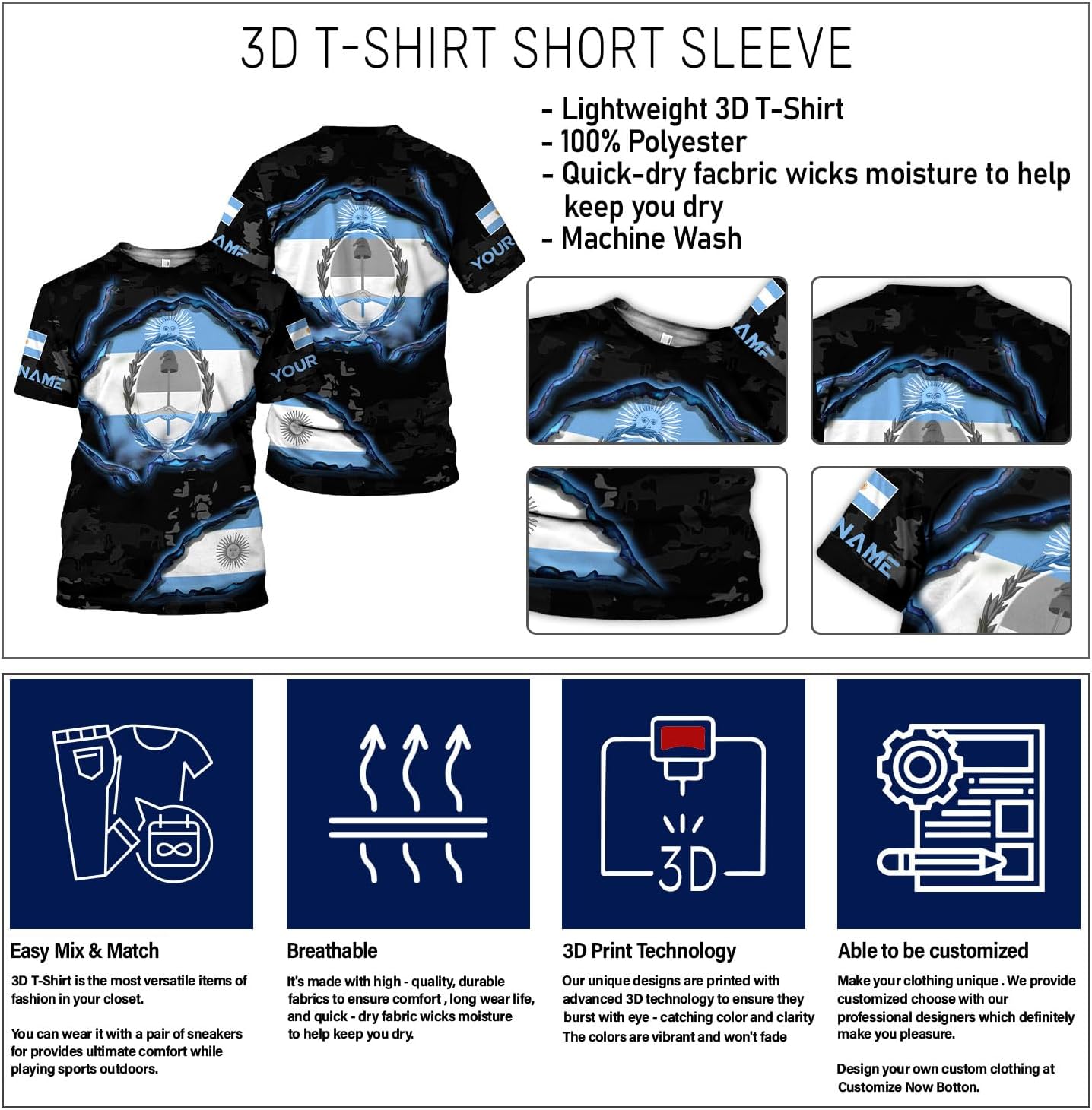 Rivelus Personalized Argentina Shirt 3D, Camisa De Argentina, Argentinian Flag Pride Gift Shirts Argentinian Flag